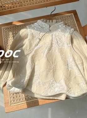 冬季新款女童白色刺绣波浪花边夹棉背心旗袍提花丝绒坎肩古风马甲