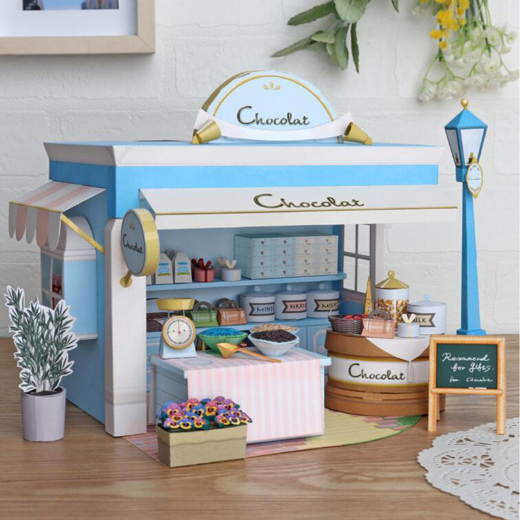 儿童益智DIY立体手工制作甜品店巧克力商店小屋3D纸模型纸艺玩具