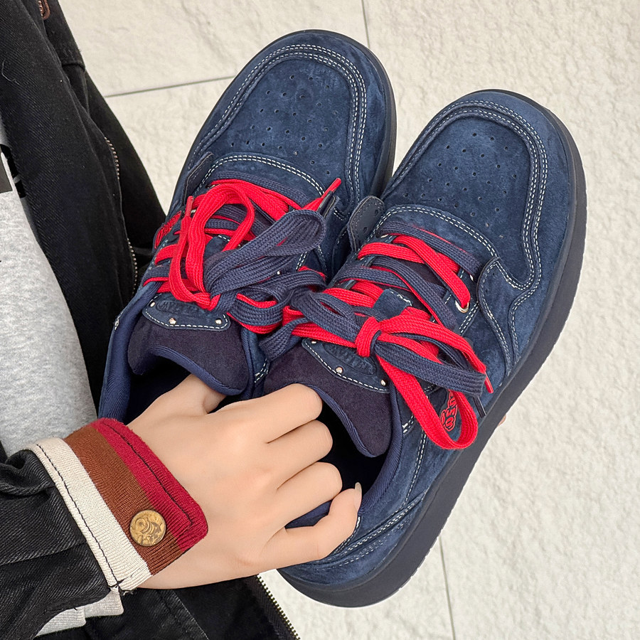 港风复古青石蓝厚底增高女板鞋