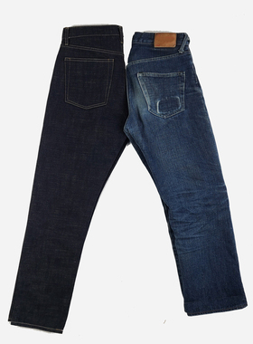 060自制18OZ 特深蓝 拼卡其底色双染 微锥 原色养牛 牛仔裤