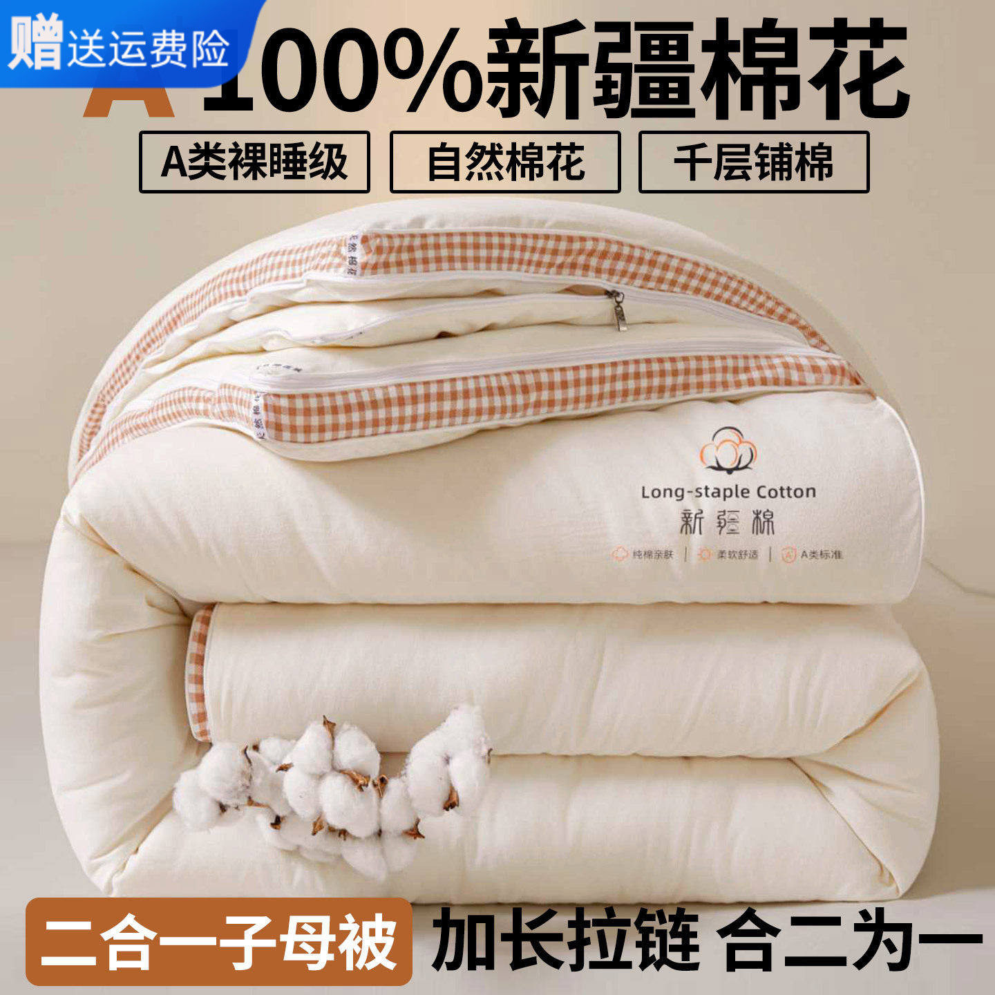 南通家纺A类100%新疆棉花被子母被二合一拉链款冬被春秋被学生被