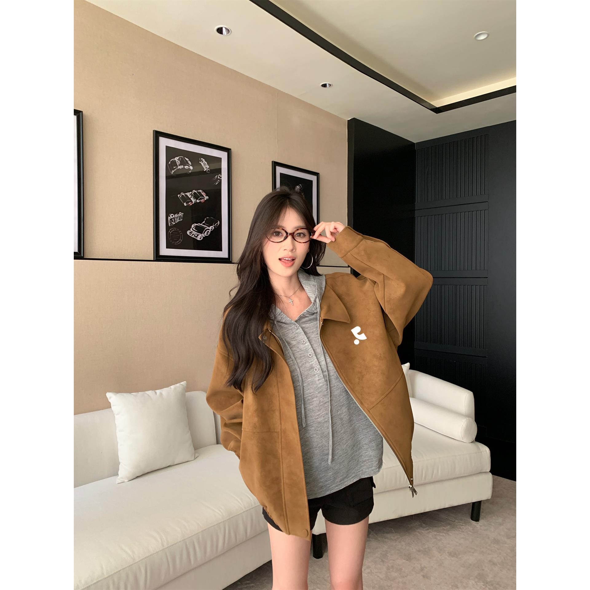 韩国代购Retionan棕色翻领麂皮绒夹克外套女秋冬复古美拉德上衣