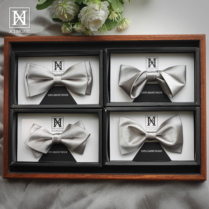 高档韩版礼服银色缎面新郎领结