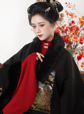 杂九记原创汉服【山亭】羊毛呢补服裘衣日常套装黑色秋冬款复原