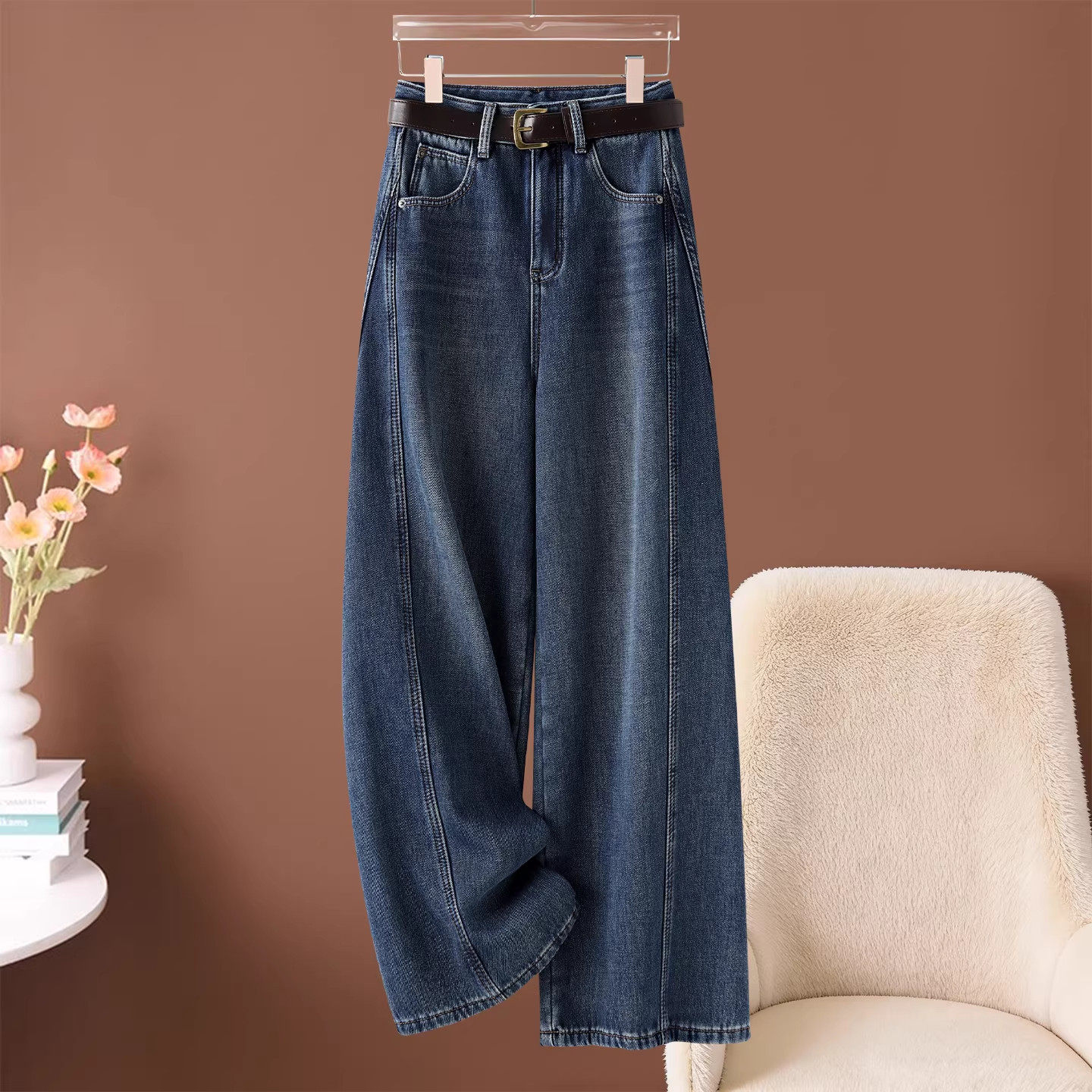 牛仔裤女复古蓝阔腿秋冬季2025新款高腰宽松直筒裤显瘦加绒弯刀裤,女装/女士精品,大码裤装,淘宝优惠券,粉丝福利购,淘宝优惠卷