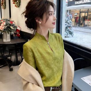 宽松显瘦气质上衣洋气百搭长袖 新中式 新款 女春装 衬衣 国风立领衬衫