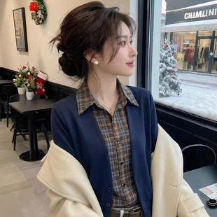 宽松百搭显瘦时尚 假两件翻领长袖 新款 女2026春季 洋气减龄上衣 开衫