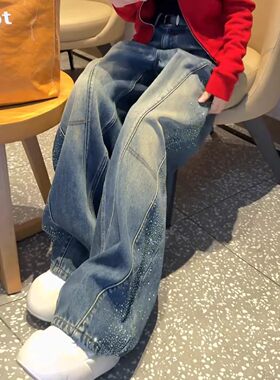 复古弯刀烫钻牛仔裤女春季2026新款小个子宽松显瘦爆款直筒阔腿裤