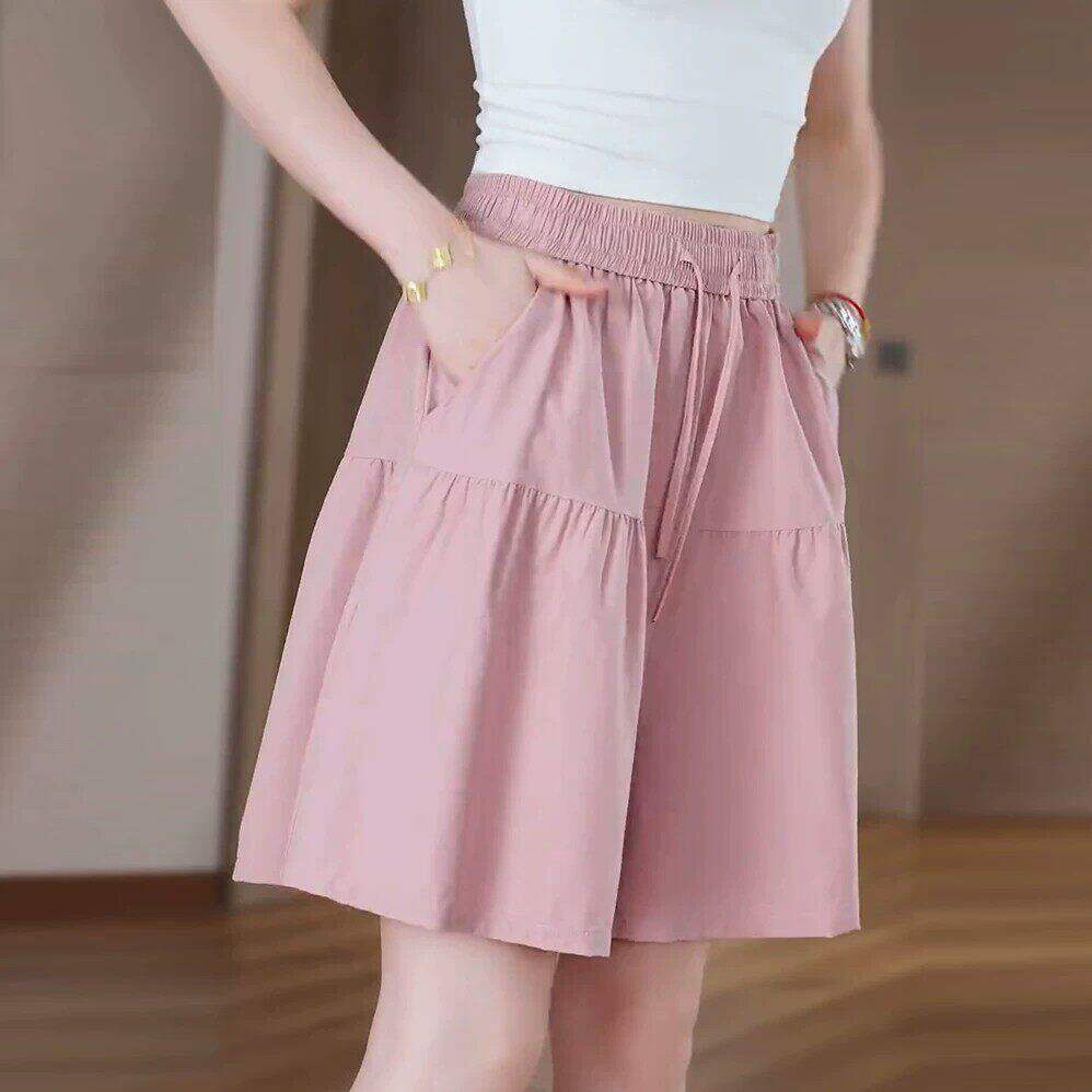 粉色冰丝五分短裤裙女夏季2026新款宽松棉麻裙裤显瘦a字阔腿中裤