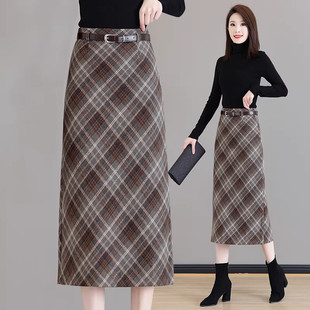 a字加厚一步包臀裙子 高腰中长款 毛呢格子半身裙女2025秋冬季 新款