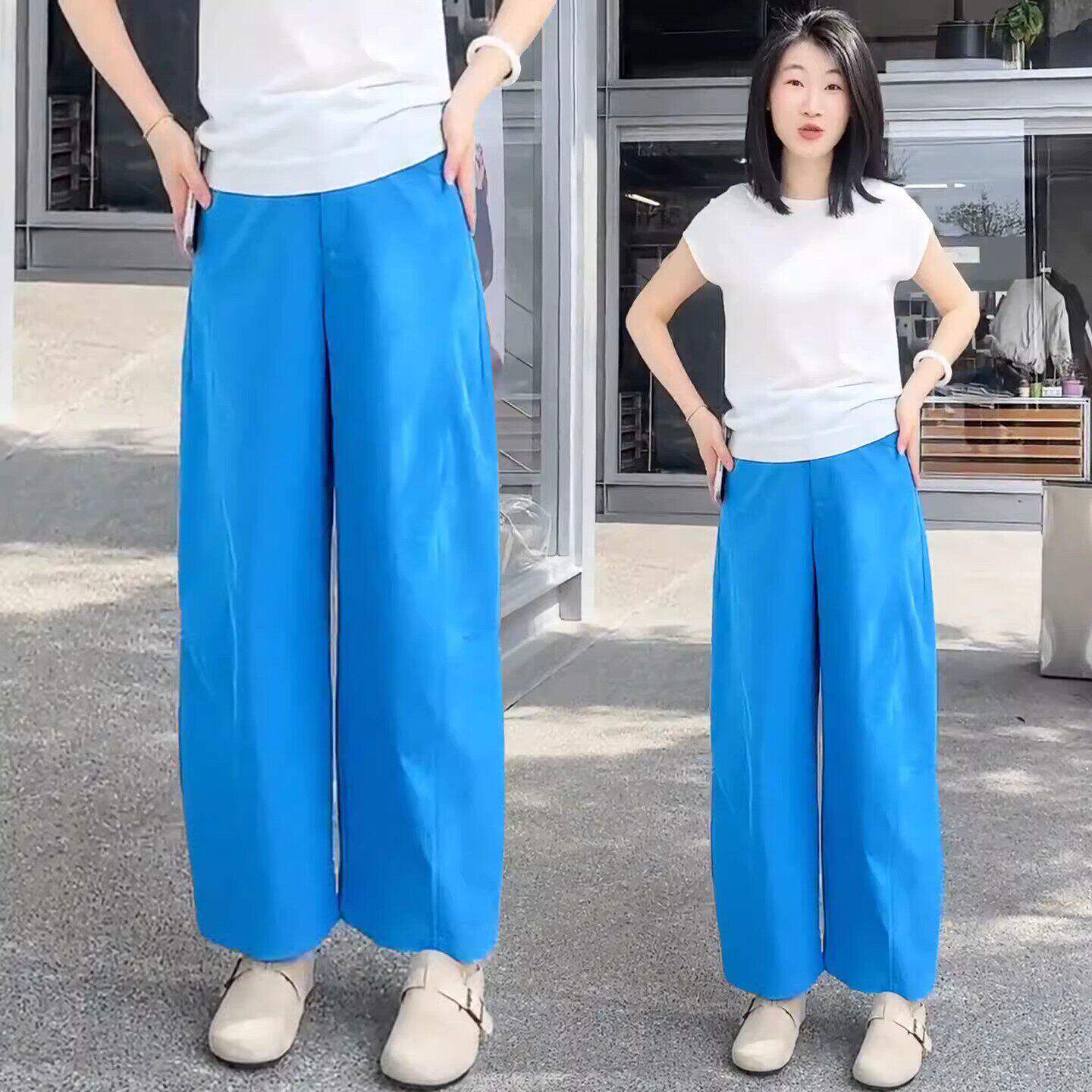 高端蓝色八分阔腿香蕉裤女新款