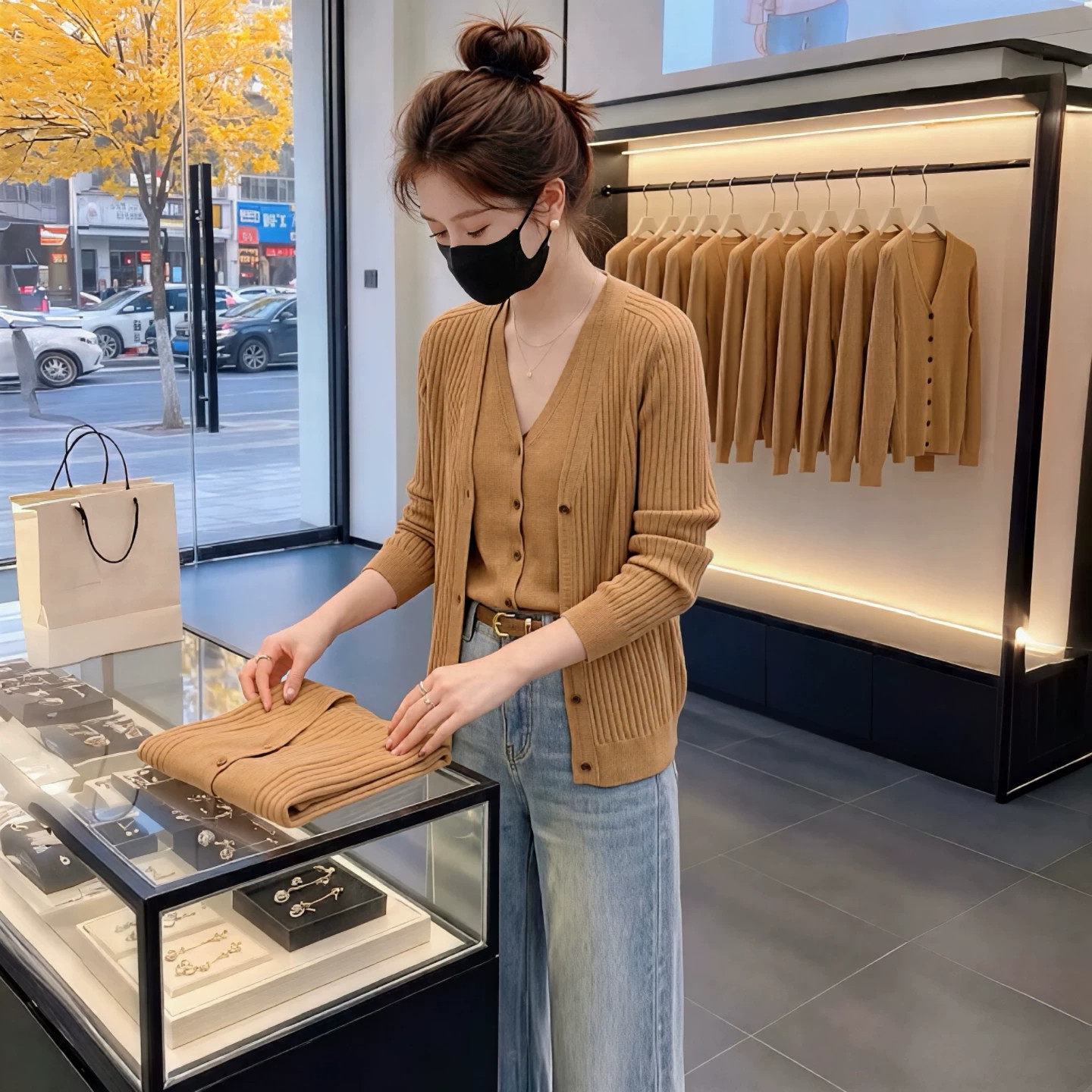 老钱风假两件V领针织开衫女春秋季新款显瘦长袖百搭休闲气质上衣