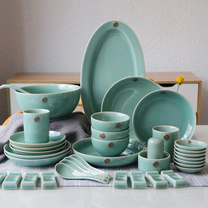 龙泉青瓷天青釉创意福字餐具套装家用陶瓷简约中式56头碗盘碟组合,餐饮具,餐具瓷器套装,淘宝优惠券,粉丝福利购,淘宝优惠卷