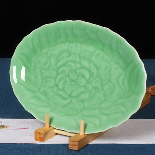 龙泉青瓷牡丹餐具套装 适用微波炉 家用碗盘 鱼盘大号陶瓷器盘子