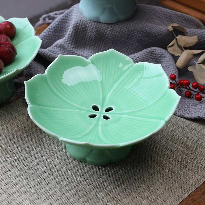 青瓷家用中式可沥水果盘莲花高足盘供佛客厅茶几干果糖果盘2022新