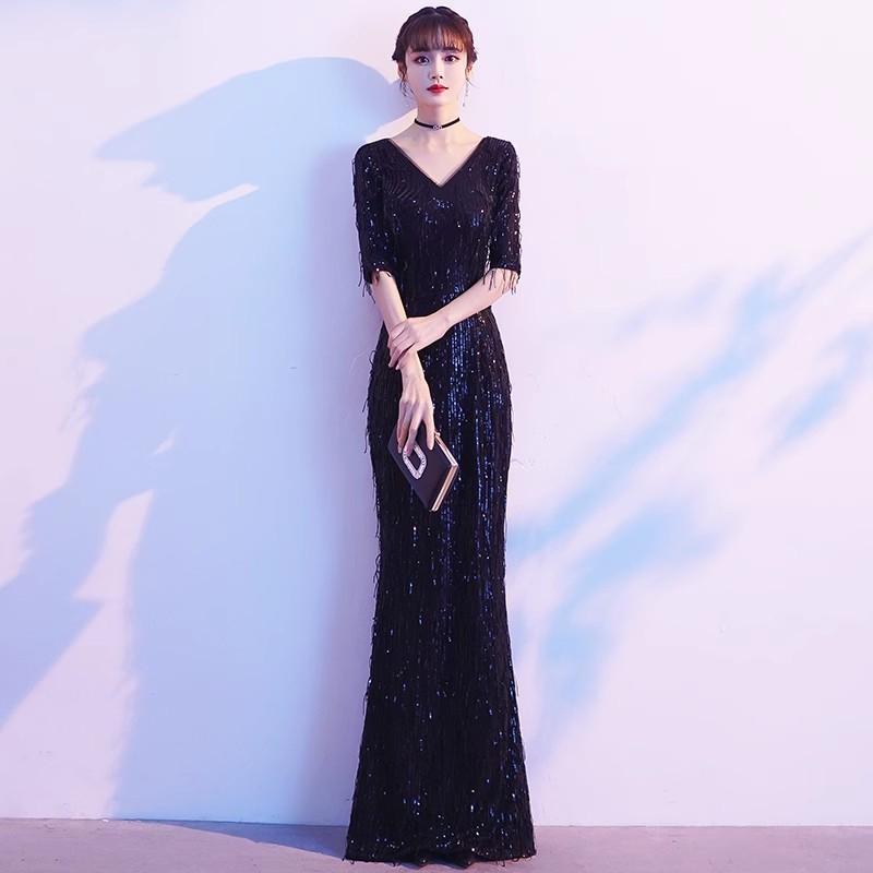 聚会V领晚礼服女气场女王新款性感弹力鱼尾黑色长款宴会中袖长裙