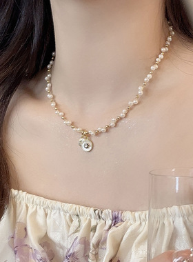 法式双层贝母珍珠锁骨链新款