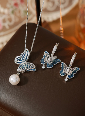 气质时尚小清新蓝色蝴蝶项链个性轻奢甜美百搭设计感耳环饰品
