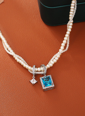 双层缠线方糖锆石吊坠锁骨链