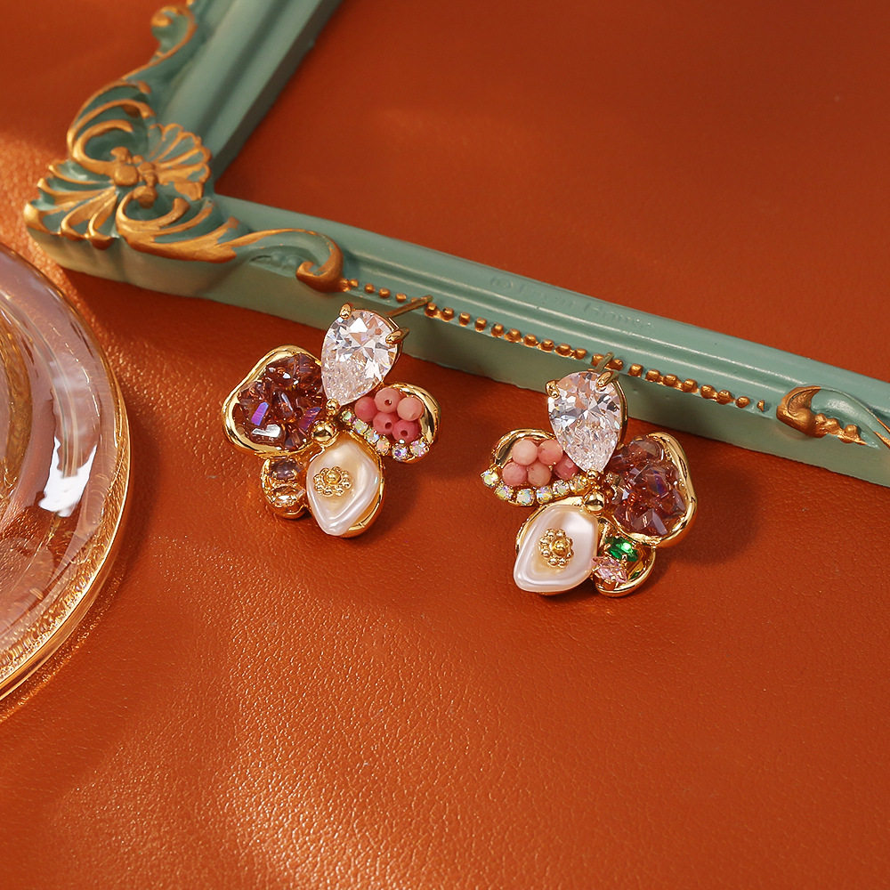 天然贝母锆石花朵耳钉高级感时尚轻奢优雅气质耳饰精致名媛风耳环