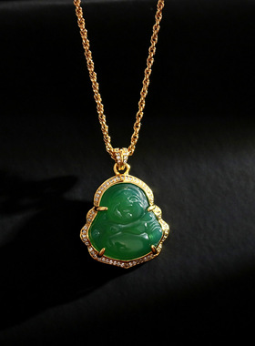 中古时尚仿和田玉弥勒佛吊坠直播爆款微笑弥勒国风新中式项链大气