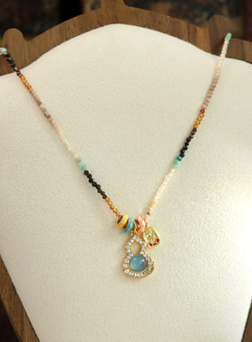 国潮新中式果冻琉璃冰蓝宝石项链彩色串珠碧玺虎眼石毛衣链汉服