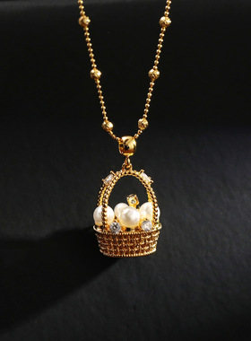 小众轻奢立体编织菜篮子珍珠项链中古气质人间富贵花篮毛衣链送礼