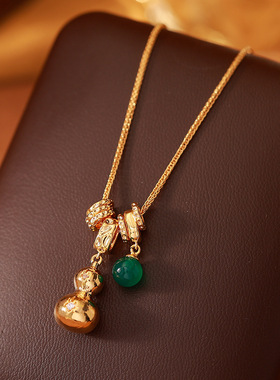 爆款绿珠金色葫芦项链高级感轻奢小众锁骨链女玛瑙吊坠毛衣链配饰