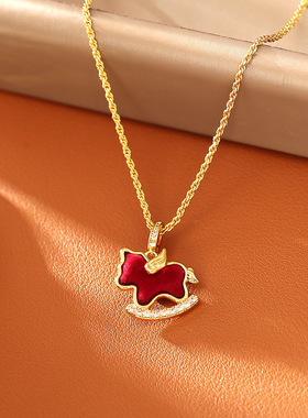 马上好运红色植绒锆石吊坠项链新国潮生肖小马红珠子新年款耳钉女