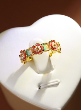 花开富贵轻奢新中式滴油珍珠花朵戒指女中古风气质渐变时尚食指戒