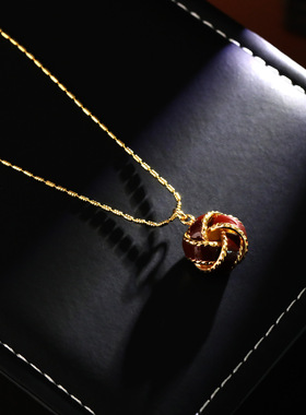 复古镀真金红色麻花纽扣锁骨链