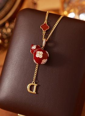 秋冬精致复古红色滴油珐琅葫芦吊坠项链简约高级感时尚长款毛衣链