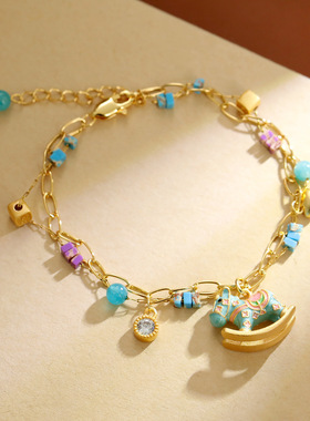 蓝色珐琅中古旋转木马手链高级感双层沙金电镀小马手串国风手饰