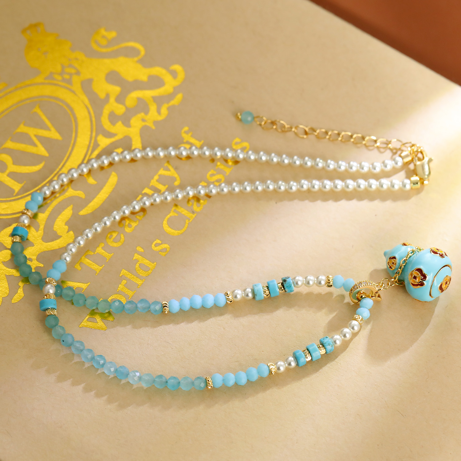 新中式景泰蓝八宝葫芦项链国风时尚旗袍汉服配饰秋冬珍珠毛衣链女