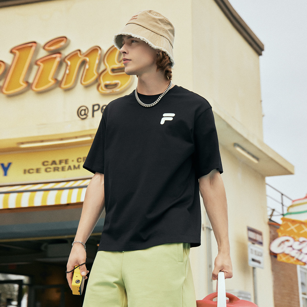 斐乐男女同款纯棉宽松针织短袖衫