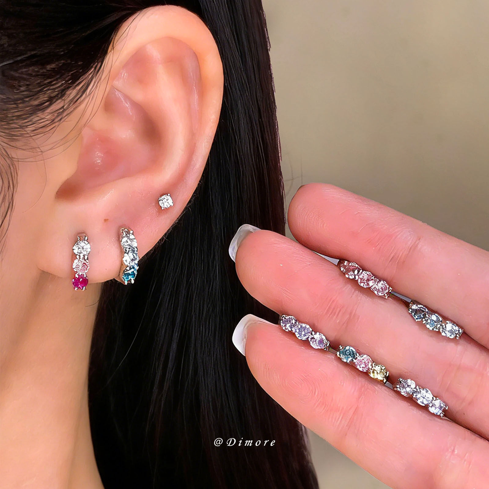 Dimore糖果色三钻锆石耳钉女简约超闪小众医用级别钛钢耳环