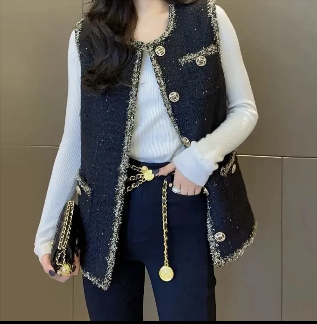时尚显瘦黑色金丝重工小香风轻奢马甲马夹外套女春新款