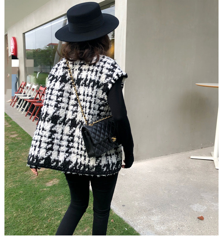 时尚气质百搭黑白千鸟格小香风重工编制粗花呢马甲马夹上衣女新款