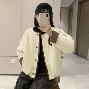 棉服外套女2025秋冬新款高级感休闲宽松撞色圆领棉衣短款夹克上衣