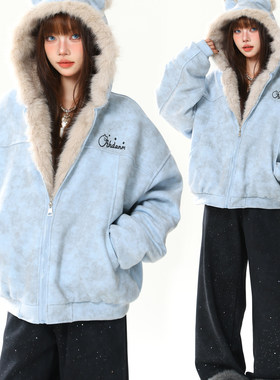 AONW美式潮牌新款座山雕麂皮绒毛领夹棉小熊耳朵外套女冬宽松棉服