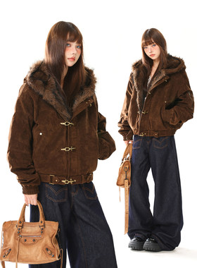 AONW美式复古飞机扣座山雕毛绒棉服女绒面解构百搭短款外套夹克