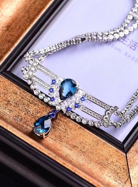 欧美纯银镶嵌天然伦敦蓝宝石项链