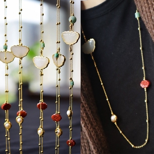 复古天然淡水珍珠翡翠天然蝴蝶和田玉项链毛衣链 s925银镀金