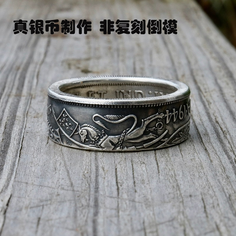 银戒指男潮牌宽面做旧古风定制刻字生日纪念指环加拿大50分银币
