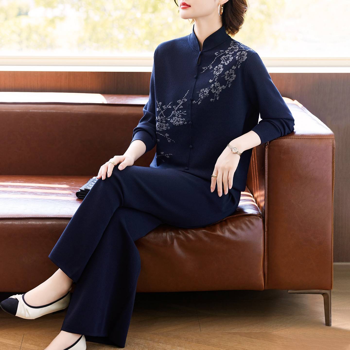 新中式妈妈秋装国风套装针织上衣中老年女装春秋休闲运动服两件套