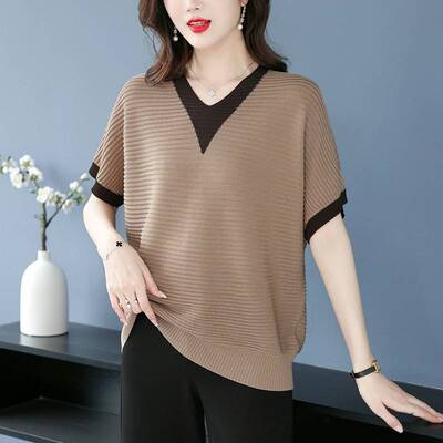 中年妈妈夏装冰丝短袖t恤女宽松加肥加大码遮肚洋气时尚针织体恤