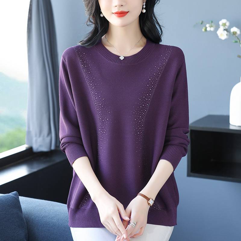 中年妈妈春秋冰丝针织打底衫特大码桑蚕丝长袖t恤女宽松遮肚上衣