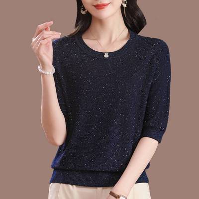 春季新款桑蚕丝t恤女中袖妈妈装七分袖上衣宽松遮肚洋气针织小衫