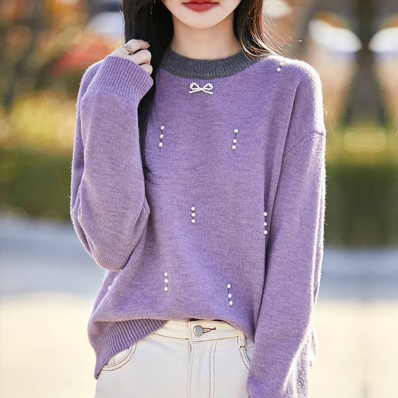 2025新款春秋款钉珠蝴蝶结撞色针织打底衫女洋气内搭大码女装毛衣