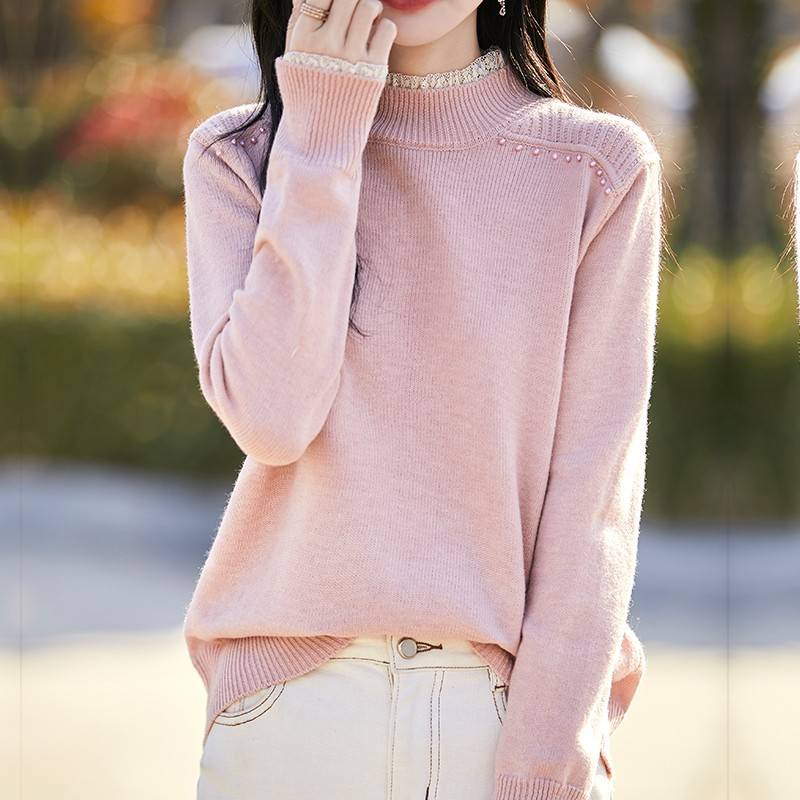 2025新款春秋款减龄半高领钉珠针织打底衫女洋气内搭大码女装毛衣